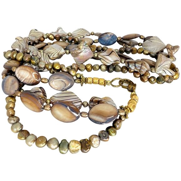 Abalone Shell Fresh Water Pearl Layered Necklace 23" Variegated Beaded Nautical - Picture 8 of 10